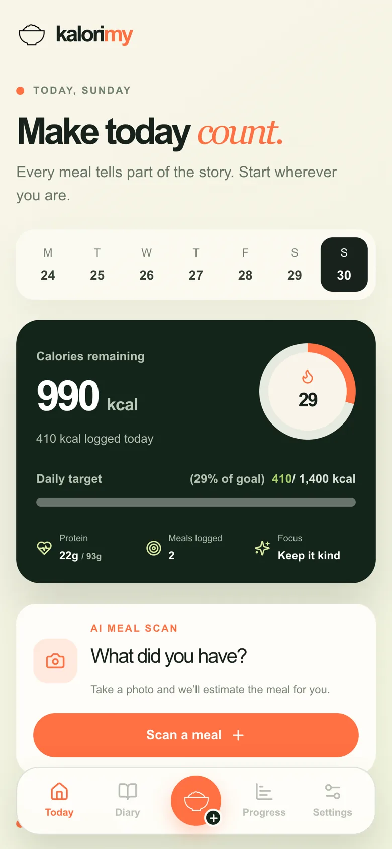 Kalorimy Today screen showing 990 kcal remaining, 2 meals logged, and a Scan a meal button
